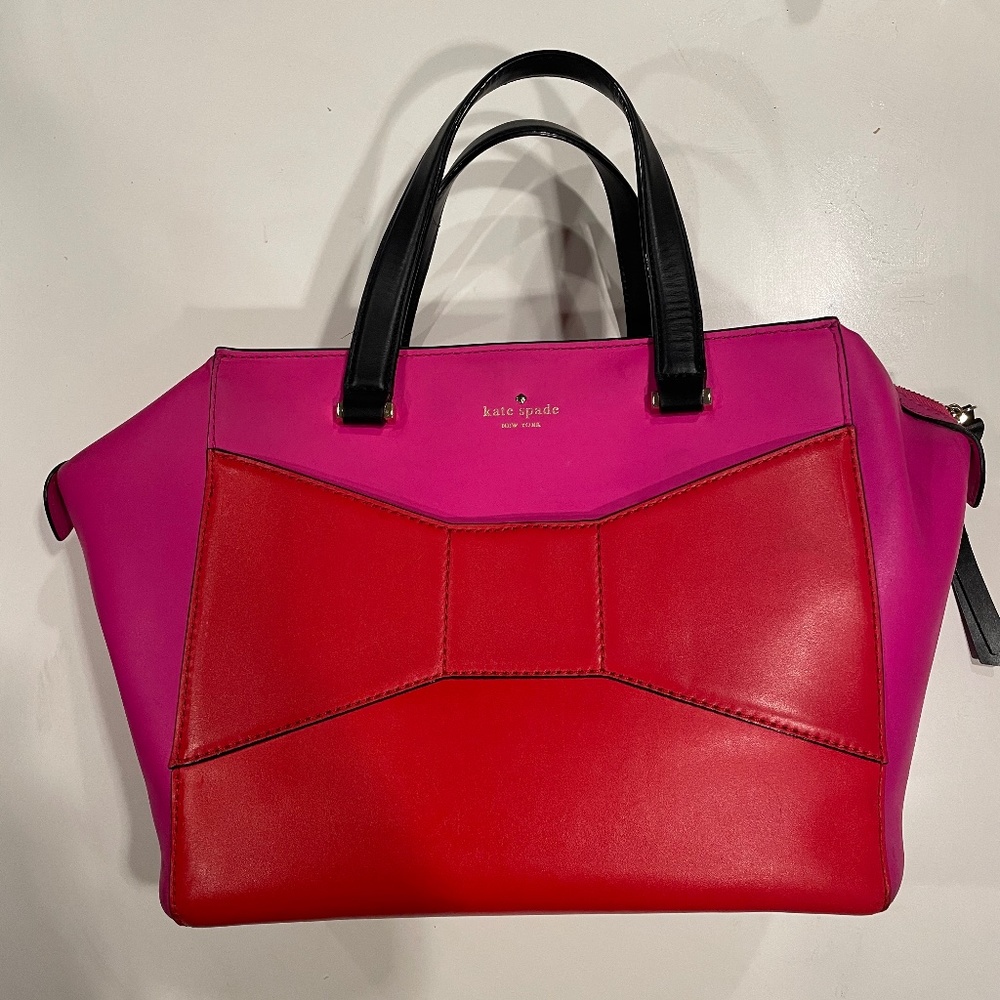 Kate Spade NY Large 2 Park Avenue Beau Bag Hot Pink/Red Bow Handbag Purse